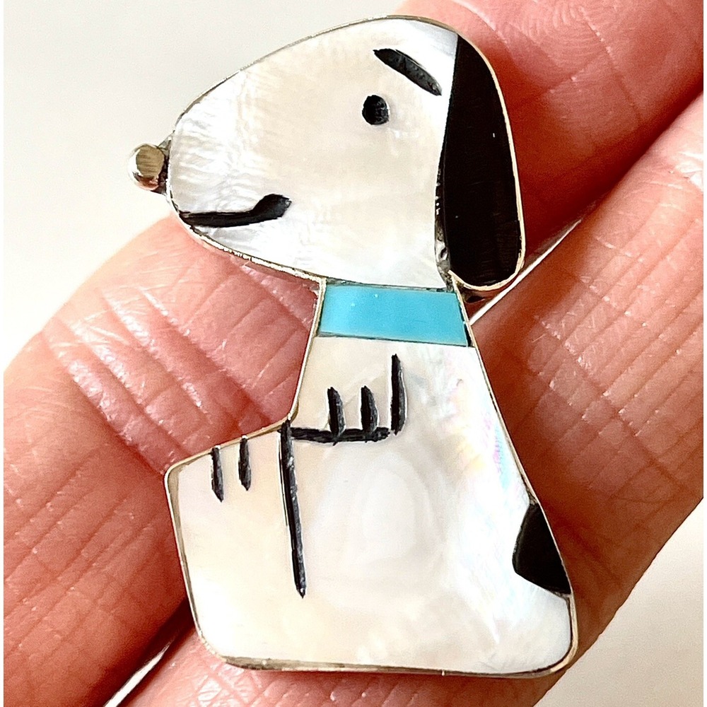 Zuni Snoopy Pendant Turquoise 1.5" Inlay Silver Signed Peanuts Dog Native Americ